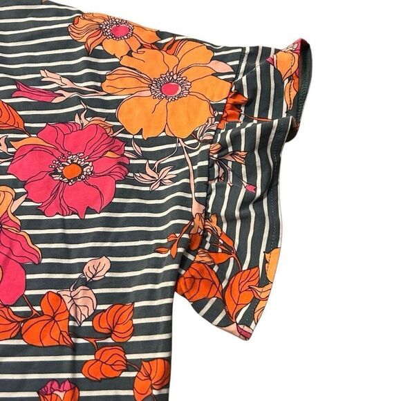 LANDS’ END Floral T-Shirt Dress Ruffle Sleeve Orange Pink Gray Green Size Large - Picture 3 of 8